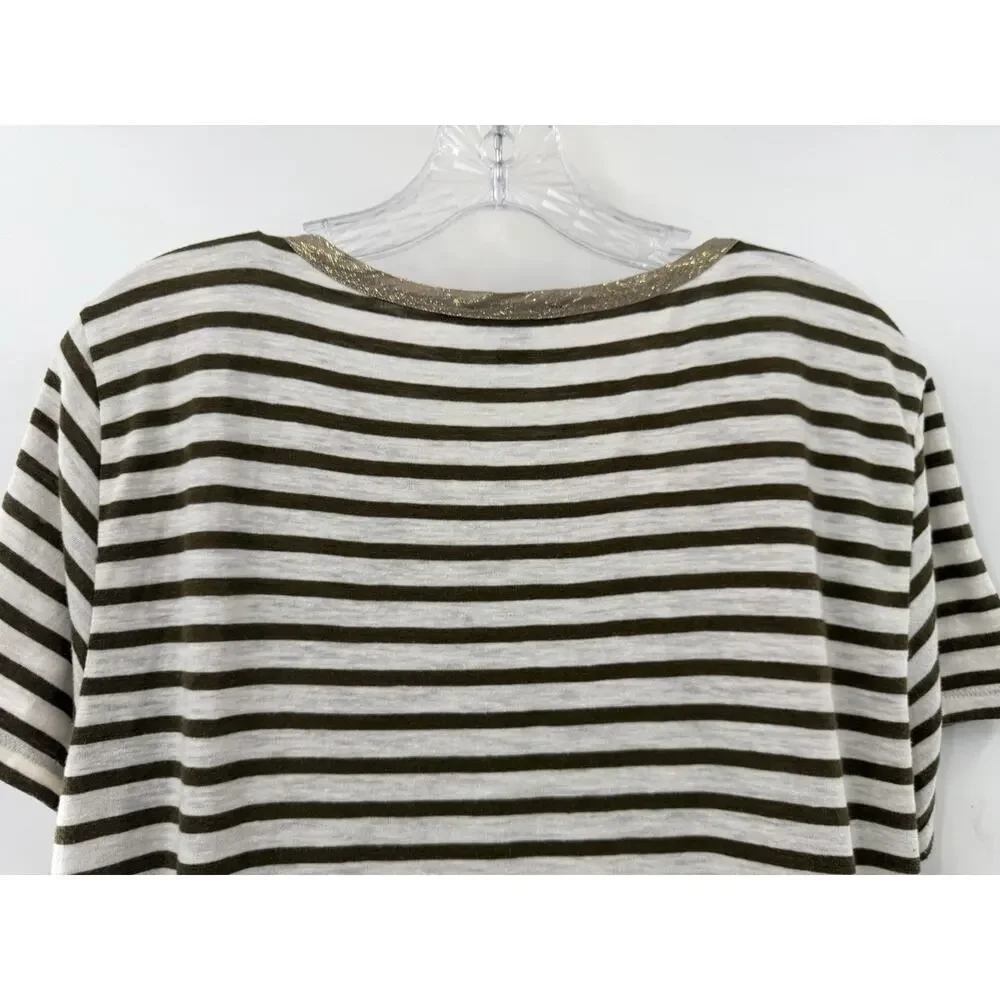 J. Crew Women’s Short Sleeve Striped Tee Olive Ivory Metallic Collar Size XL